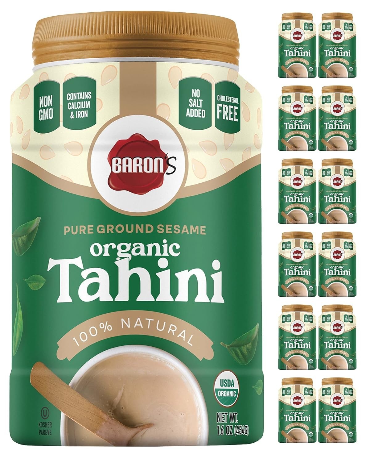 Baron's USDA organic sesame paste | 12 x 16 ounces (about 453.6 grams) canned | Cream paste rich in hummus, dipping sauce and sauce | kosher, vegetarian, ketogenic-friendly, non-genetically modified,