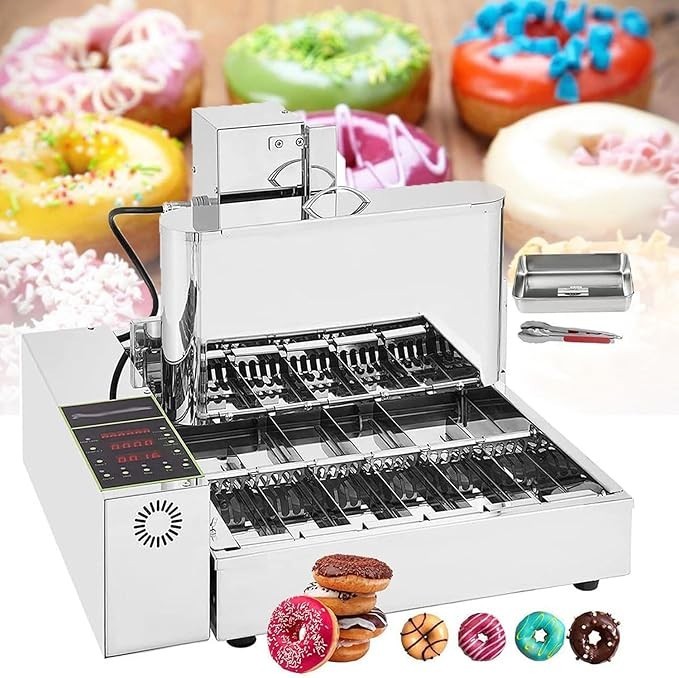 Automatic Donut Maker Machine, 6 Rows 9.5L Hopper Donut Machine, 2000W Stainless Steel Doughnut Maker 50~220℃ Donut Snack Machine Commercial Donut Fryer Adjustable Thickness Auto Flip 6